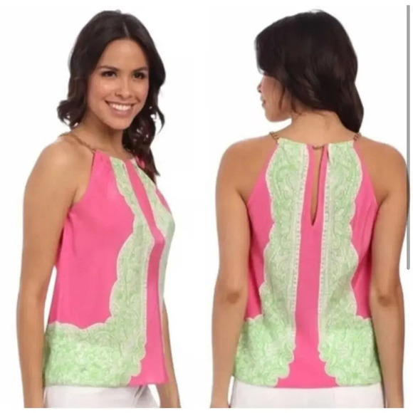 Lilly Pulitzer Blouse Pink Green Riviera Silk Chain Halter Neck Tank Top Size XS - Picture 1 of 11